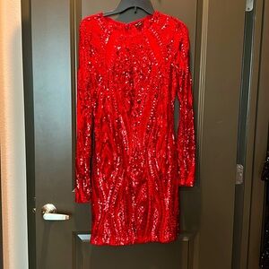 Long Sleeve Red Sequin Dress